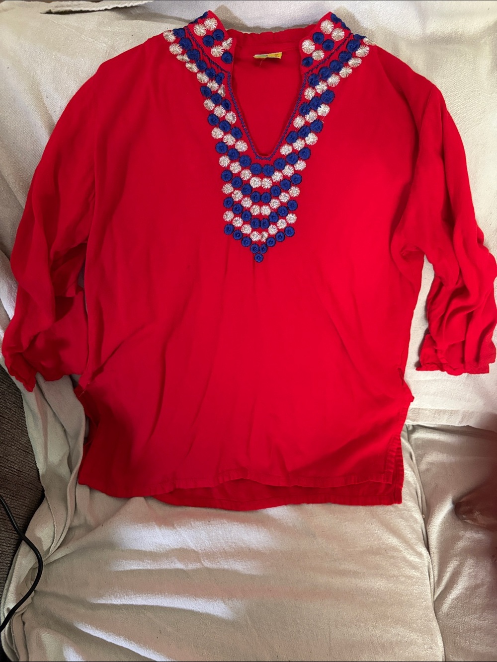 Embroidered V-Neck Red Tunic Top